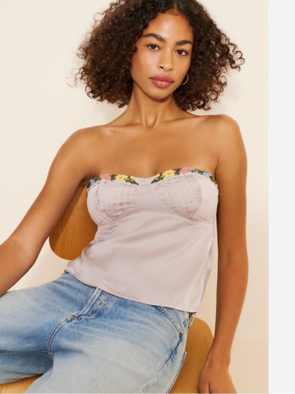 FREE PEOPLE Ember Glow Tube Top Ivory Embroidered Flower trim Pintuck Going Out - Picture 2 of 9